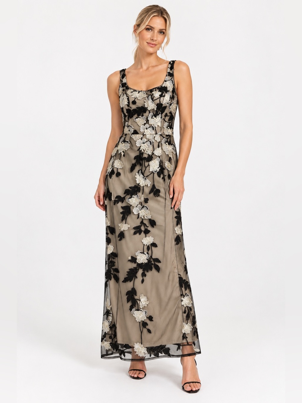 Adrianna Papell SZ 6 Black Ivory Floral Embroidered Mesh Gown Dress NWT GALA MOB